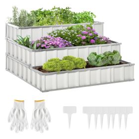 Outsunny 47x47x25 3 Tier Metal Elevated Planter Box Kit Raised Garden Bed with Gloves for Backyard White for Vegetables Herbs