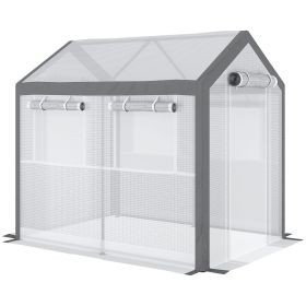 Outsunny 8' L x 6' W x 7' H Outdoor Walk-In Tunnel Greenhouse with Roll-up Windows, 2 Zippered Doors & Weather Cover, White/Gray