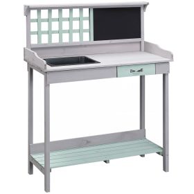 Outsunny Potting Bench Outdoor, with Removable Sink, Blackboard, Open Shelf Storage, Grid Backboard, for Garden, Backyard, Light Gray