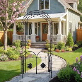 Metal Garden Arch with doors Garden Arbor Trellis Climbing Plants Support Arch Outdoor Arch Wedding Arch Party Events Archway Black