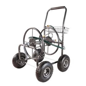 Garden Hose Reel Cart - 4 Wheels Portable Garden Hose Reel Cart with Storage Basket Rust Resistant Heavy Duty Water Hose Holder (Color: as Pic)